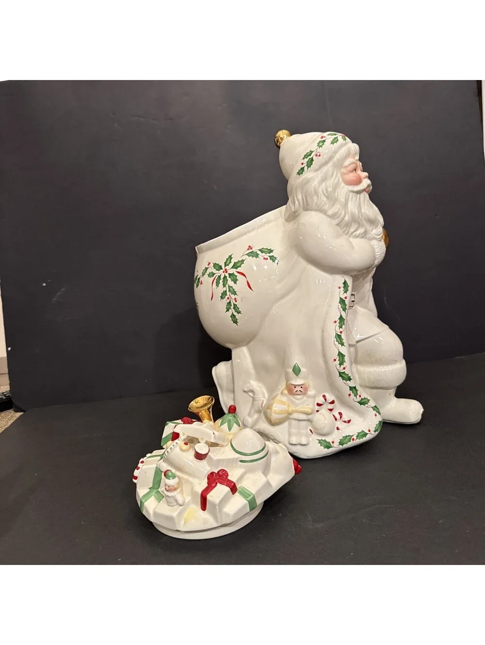 Lenox Holiday Santa Cookie Jar with Toy Sack 13” H Ivory Holly Christmas Décor